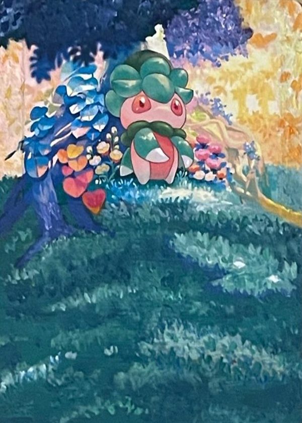 Hand-painted trading card: a small pink leafy creature standing in a sunlit forest clearing, with blue trees, glowing gold foliage and a teal meadow